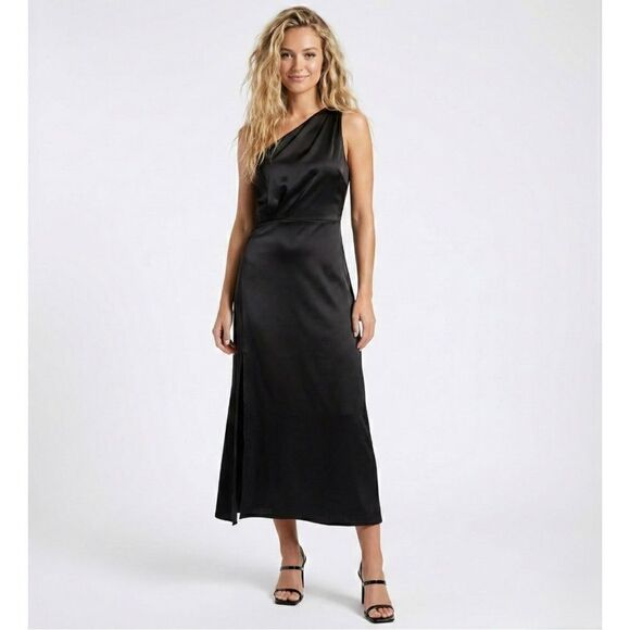 Rachel Parcell Dresses & Skirts - Rachel Parcell One Shoulder Satin Dress 12 Black Midi Formal Wedding Guest NWT